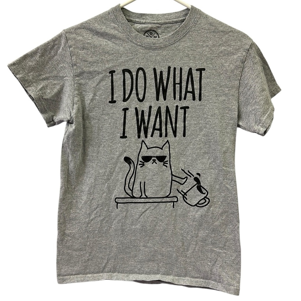 DOM Sassy Cat Gray I Do What I Want Knocking Over Coffee Graphic Tee Tshirt S